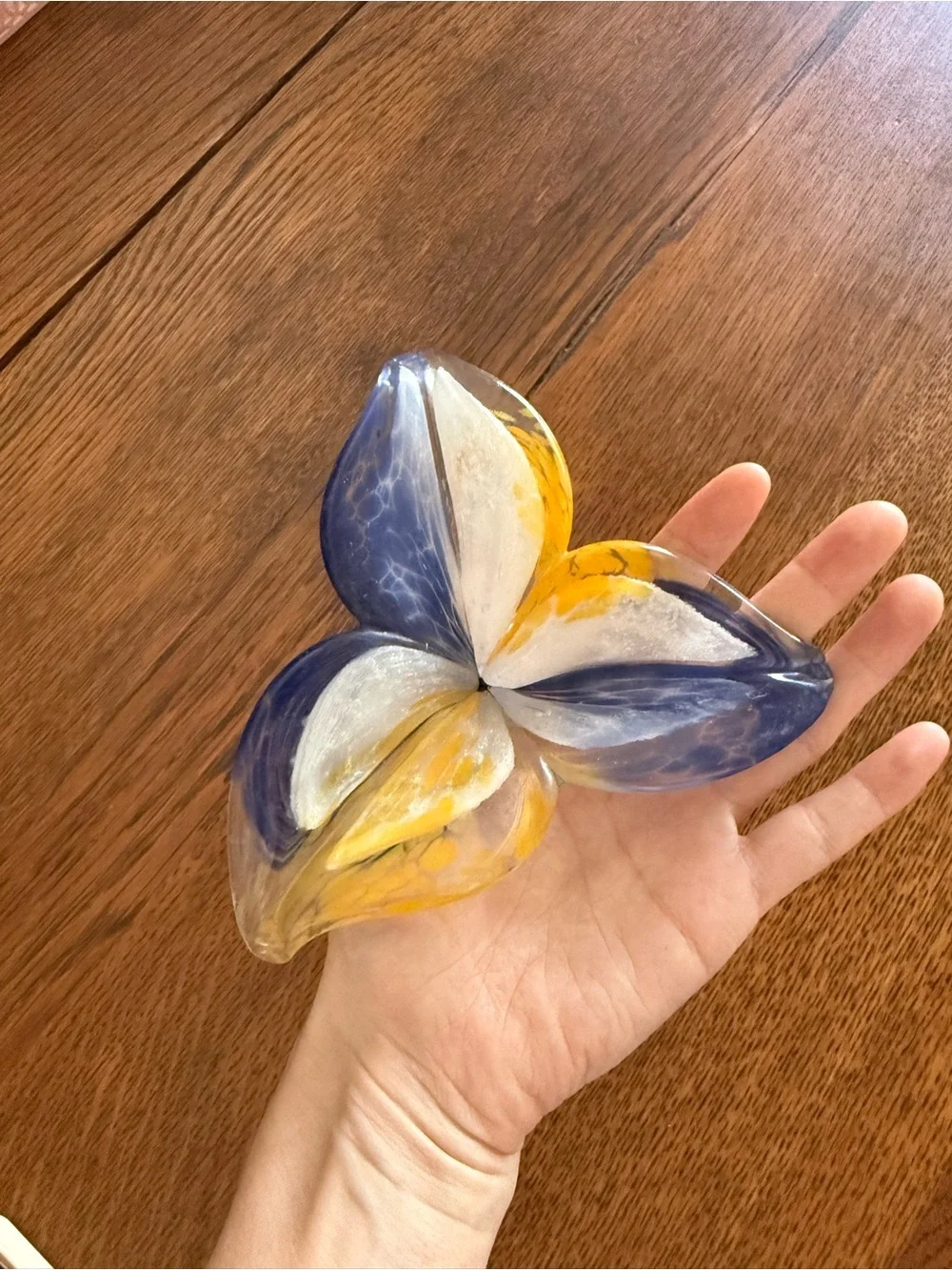 Handblown Art Glass Decorative flower in Blue, Yellow & White
